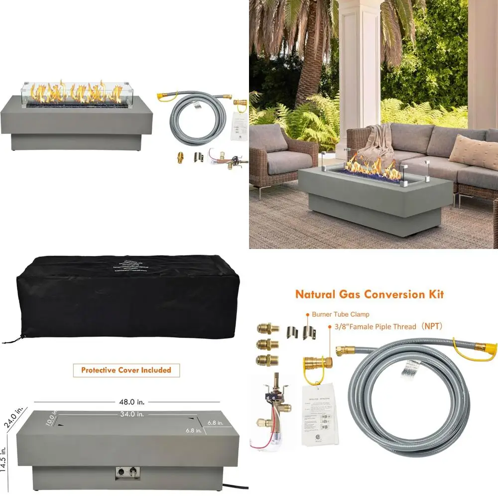 

Современный стол для костра для патио на открытом воздухе с комплектом для переоборудования природного газа, 50 000 БТЕ, прямоугольный, ветрозащитный экран, 48 дюймов для Con