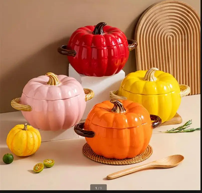 Pumpkin Bowl with Cover Hotel Restaurant Oatmeal Lamian Noodles Chinese Home Kitchen Stew Ceramic Tableware