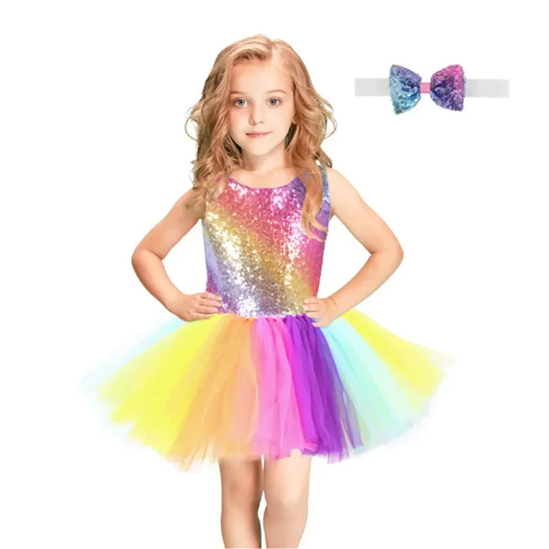 Cosplay Pastel Rainbow Sequins Dress Baby Girl Birthday Party Princess Costume Children Summer Tutu 2-10T Clothes MN12