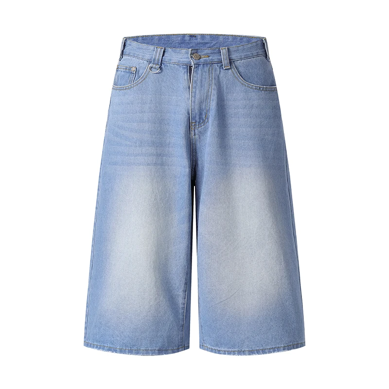 

American Light Blue Men's Denim Shorts Cropped Vintage Washed Loose Versatile Casual Knee Length Jeans Summer New