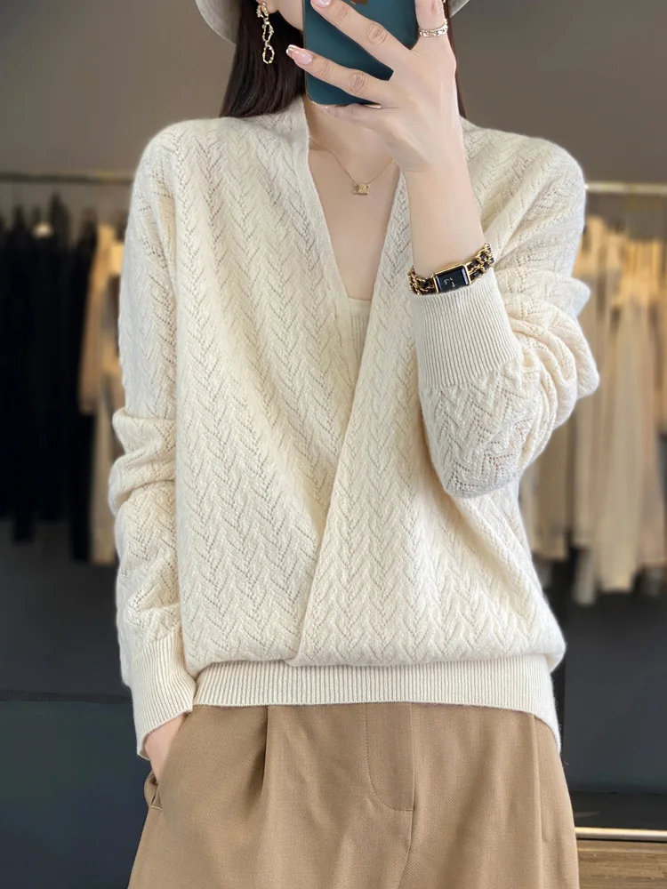 Hollow Out Cashmere Sweater 100% Merino Wool Knitwear Spring Autumn Women V-neck Pullover Office Lady Elegant Soft Comfort Tops