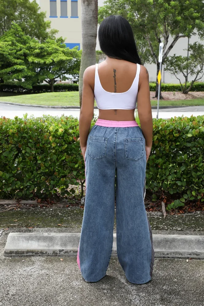 Latest Design Women Jogger Patchwork Jean Wide Leg Pants Fall  Y2k Street Style Women's Drawstring Denim Side Stripe Joggers