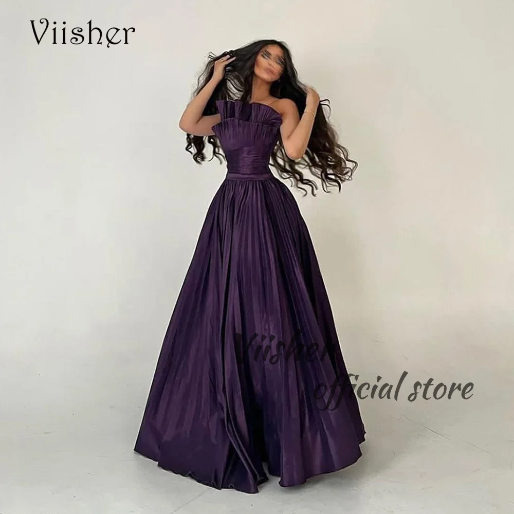 

Viisher Plum Pleats Taffeta A Line Evening Dresses Strapless Arabic Dubai Formal Prom Dress Floor Length Evening Gowns