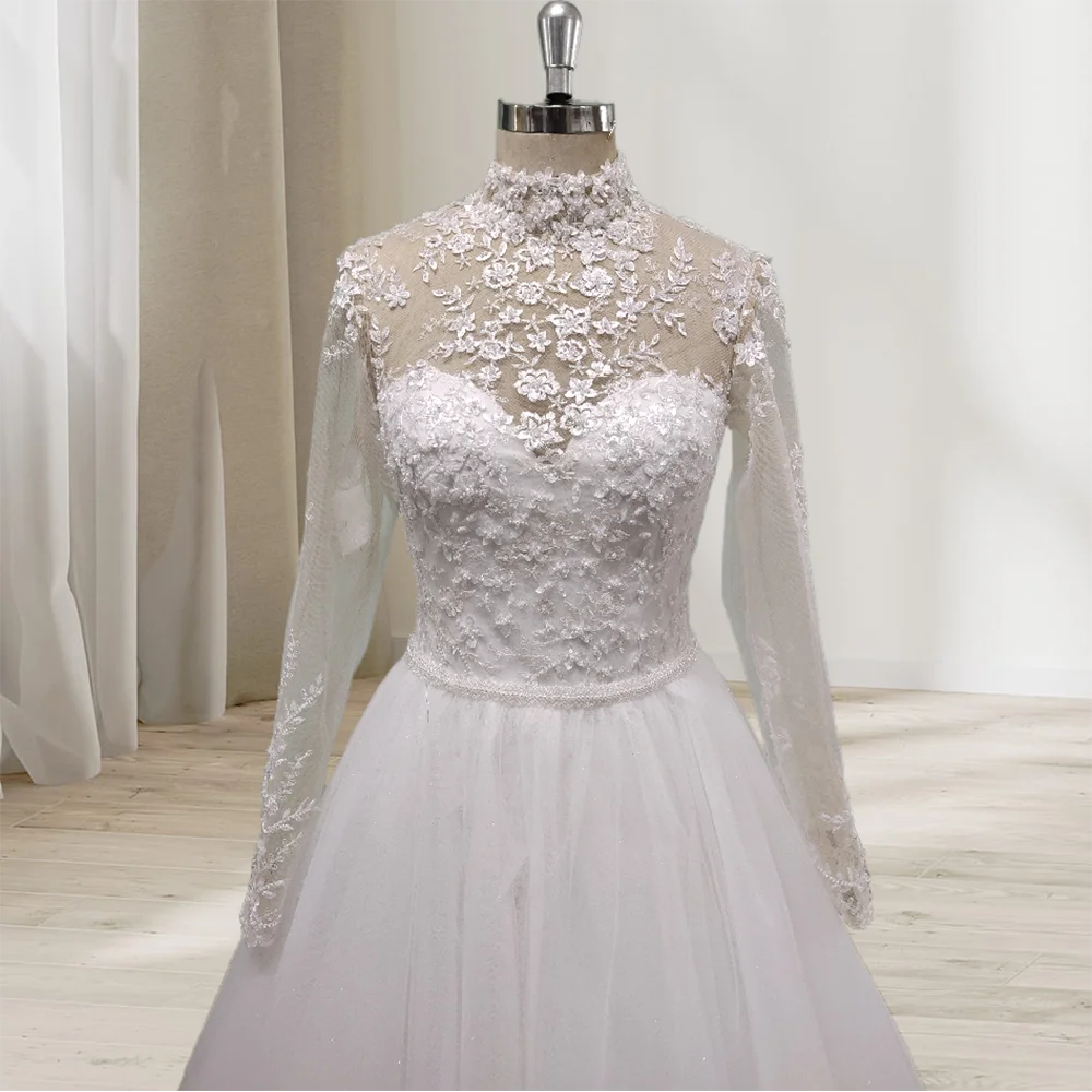   Elegante uma linha vestidos de casamento 2024 manga longa alta pescoço rendas apliques vestido de noiva feito sob medida roupas femininas de alta qualidade