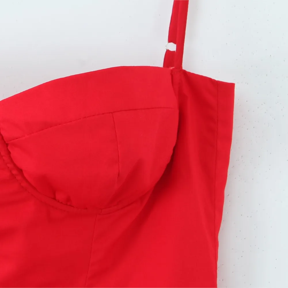 2025 حمالة صدر حمراء رومانسية مع سلك مشد نمط منخفضة الخصر Ruched مطوي سوينغ ميدي فستان المرأة مثير الصيف حبال فساتين رداء طويل