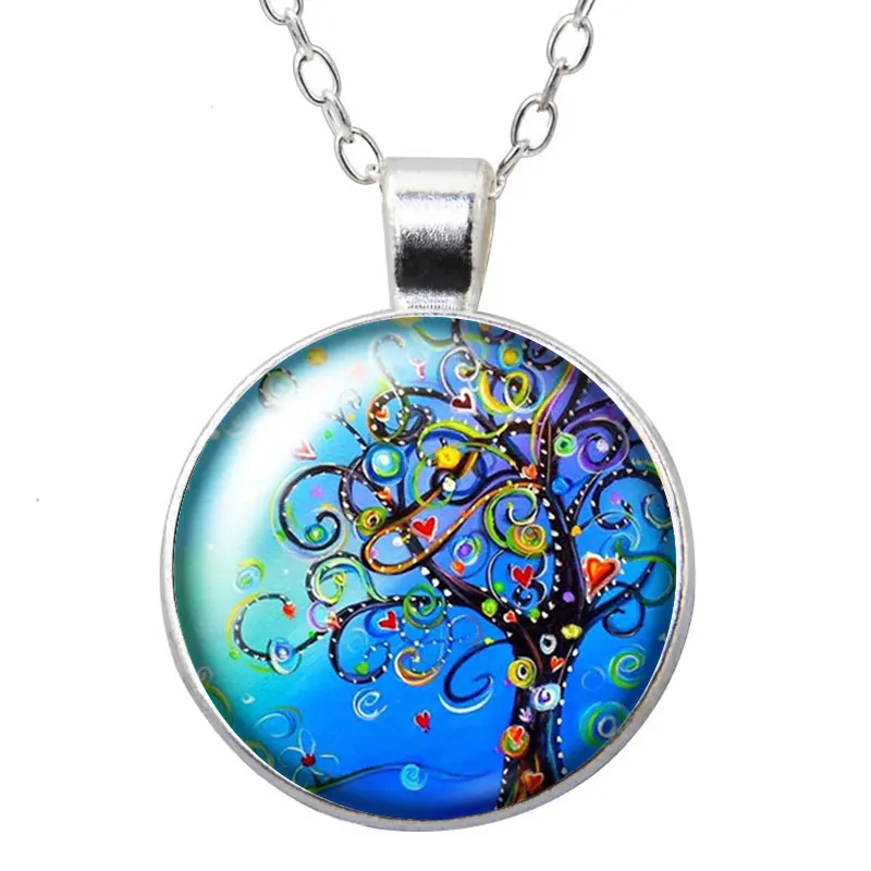 New Colorful Life of tree beauty drawings Round Photo Glass cabochon silver plated pendant necklace jewelry Gift