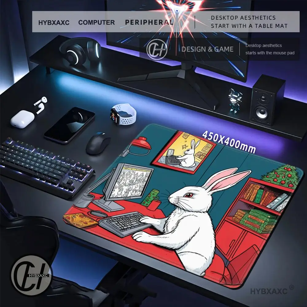 HYBXAXC Christmas Rabbit Working On Computer Mouse Pad, Cute Bunny Office, Modern Mousepad for Work Setup, Computer Accessories