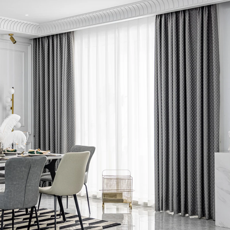 Dark Gray Grid Jacquard Thickened Blackout Sound Insulation Curtains for Living Room Bedroom Balcony French Window Customized