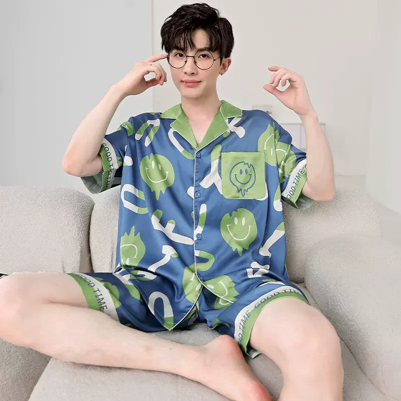 Men's Pajamas Summer Ice Silk Short Homewear Men's Thin Cartoon Oversized Suit Silk Pajamas Casual Sleepwear Men Pyjama Set