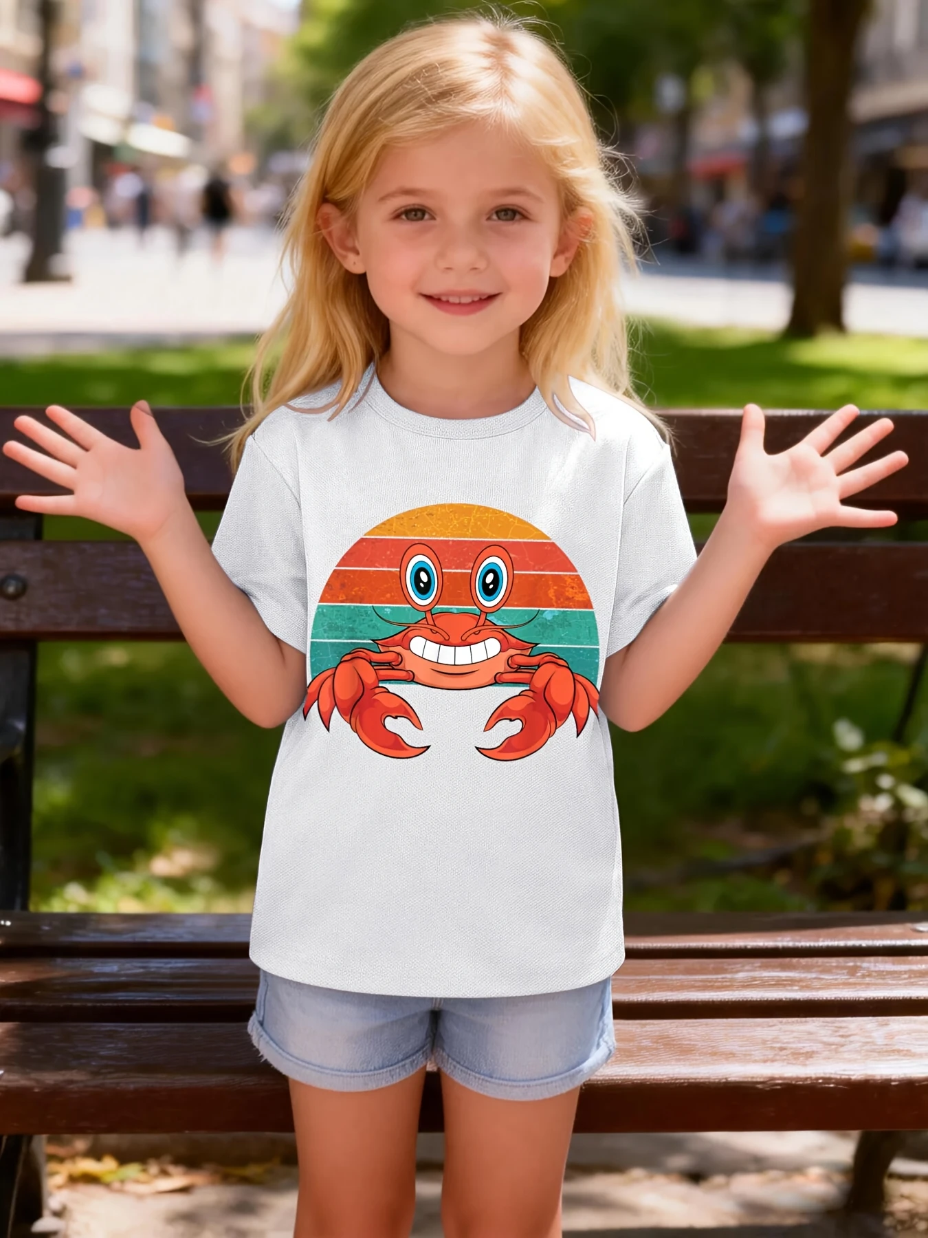 Retro Sunset Cartoon Crab Print T Shirt Boys Girls Sea Animal Short Sleeve Tee Family Matching Kids Casual Cotton Daily Tops