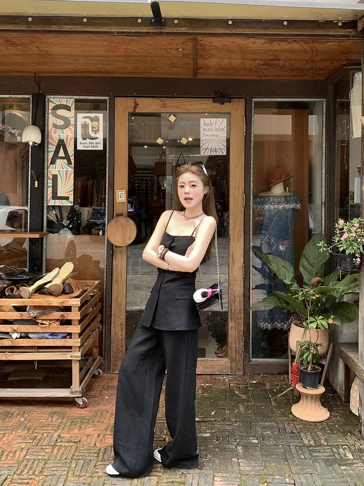 

Льняной комплект с эффектом похудения: женский топ на бретельках и брюки с широкими штанинами, летний модный костюм-двойка, повседневная одежда от китайского бренда