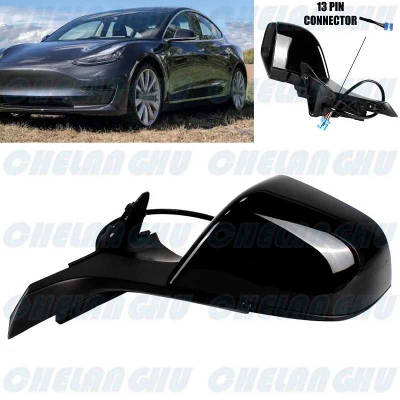 

For Tesla Model 3 2017 2018 2019 2023 Left Side 13Pins Black Painted Heated Power Adjust Memory Auto Dimming Mirror Assembly