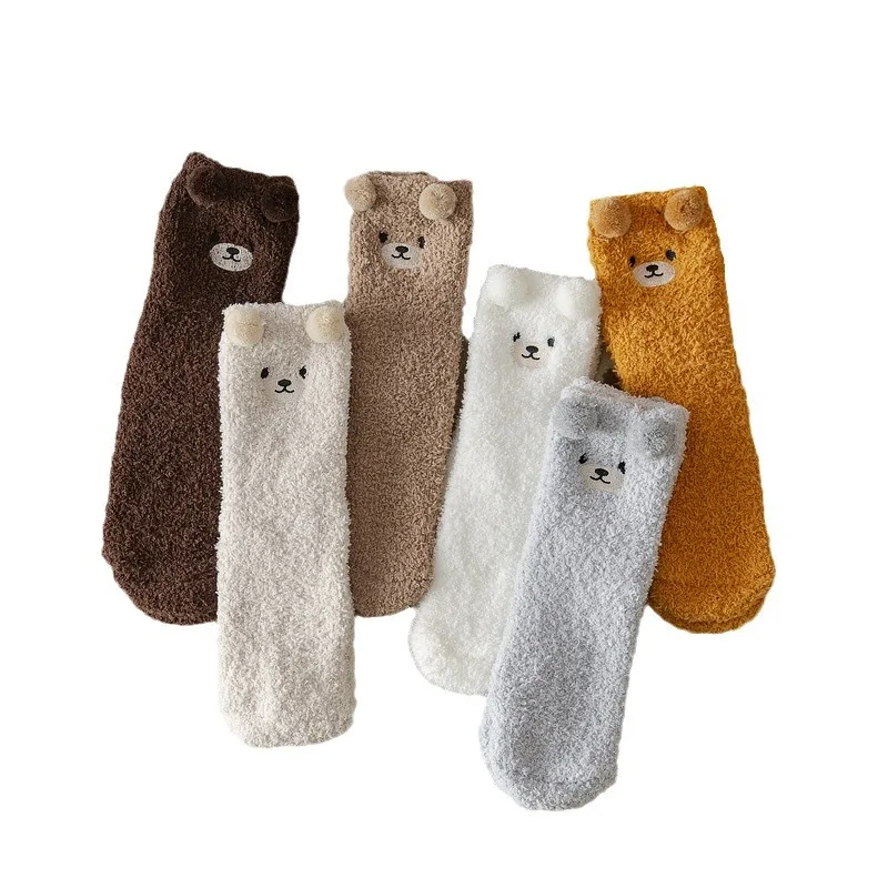 3 Pairs Winter Socks Women Warm Fluffy Socks Bear Cute Animal Coral Fleece Fuzzy Socks Thicken Home Sleep Kawaii Floor Socks Ins