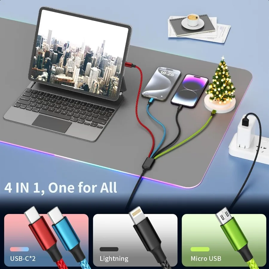 كابل شحن متعدد للسفر [عبوة من النايلون 5 أقدام] 4 في 1 أسلاك شحن كابل USB شاحن هاتف مع IP Type C Type C Micro
