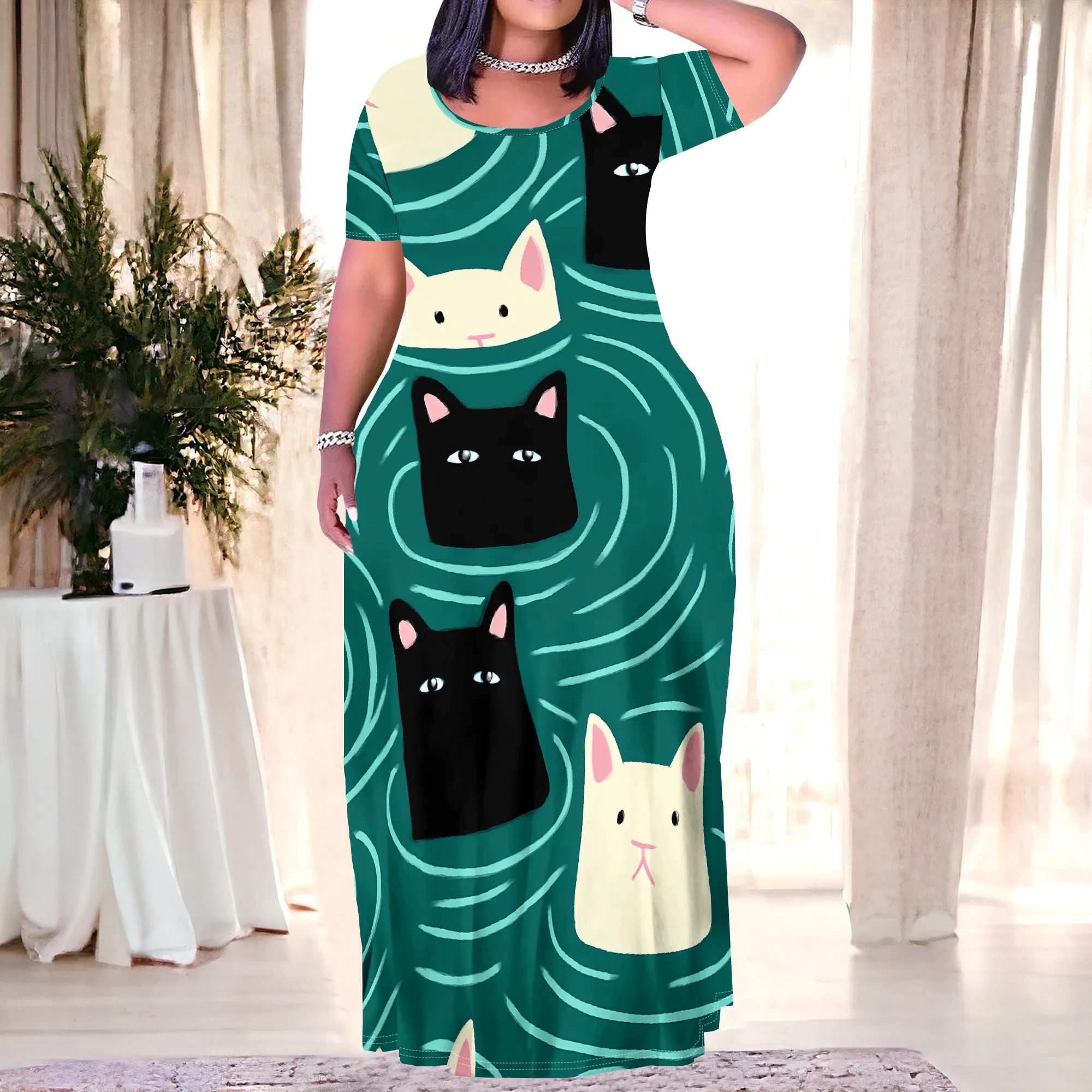 

Cat Print Maxi Dress XL-6XL | Fun and Playful Dress for Casual Outings, Weekend Wear, and Pet Lovers