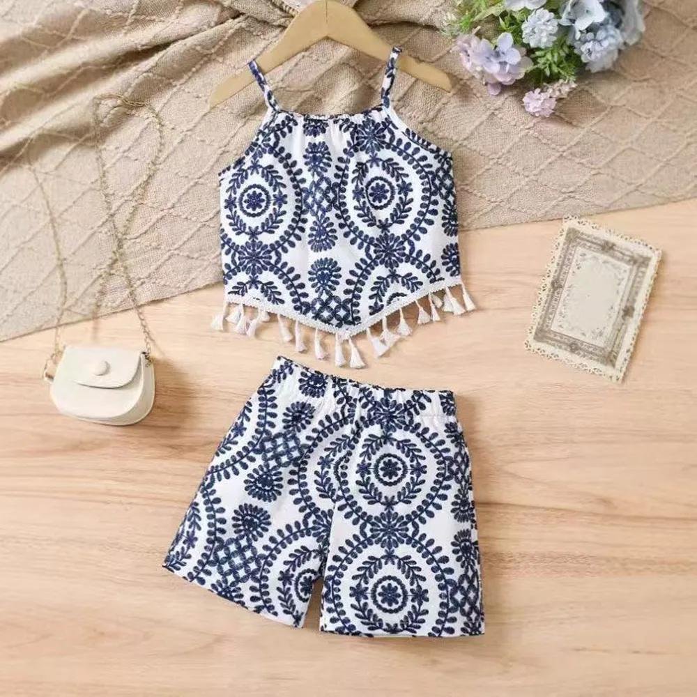 

2026 New Arrival European American Girls' 2-Piece Set Bow Pearl Embellished T-shirt + Fashion Shorts Two-piece Set