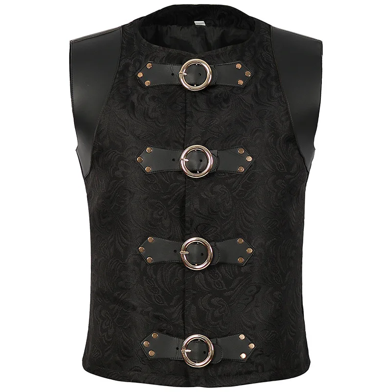 #4878 Black Halloween Vest Men Round Neck Black Rivet Punk Stage Performance Vest Male Split Joint Leather Vest Short Outerwear