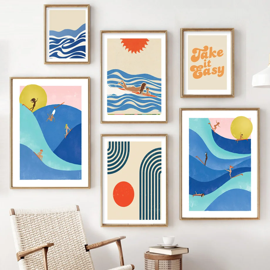 Boho Retro Rainbow Sea Women Mom And Baby Surf Poster Wall Art Print Beach Sunset Canvas Painting Wall Picture Living Room Decor