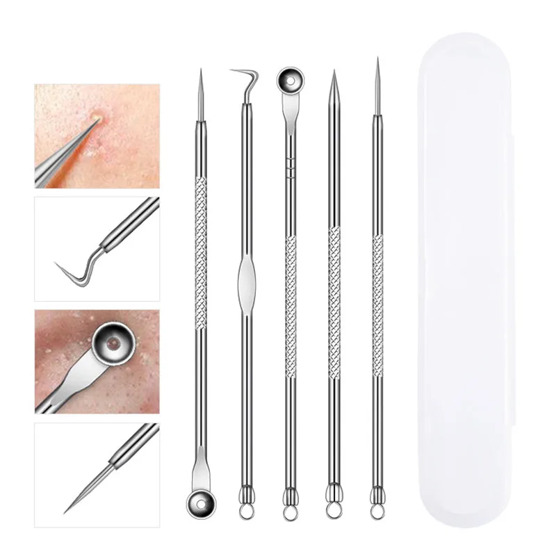 

5pcs Blackhead Remover Pimple Popper Tool Acne Needle Removing Treatment Whitehead Popping Zit Nose Face Blemish Extractor Tool