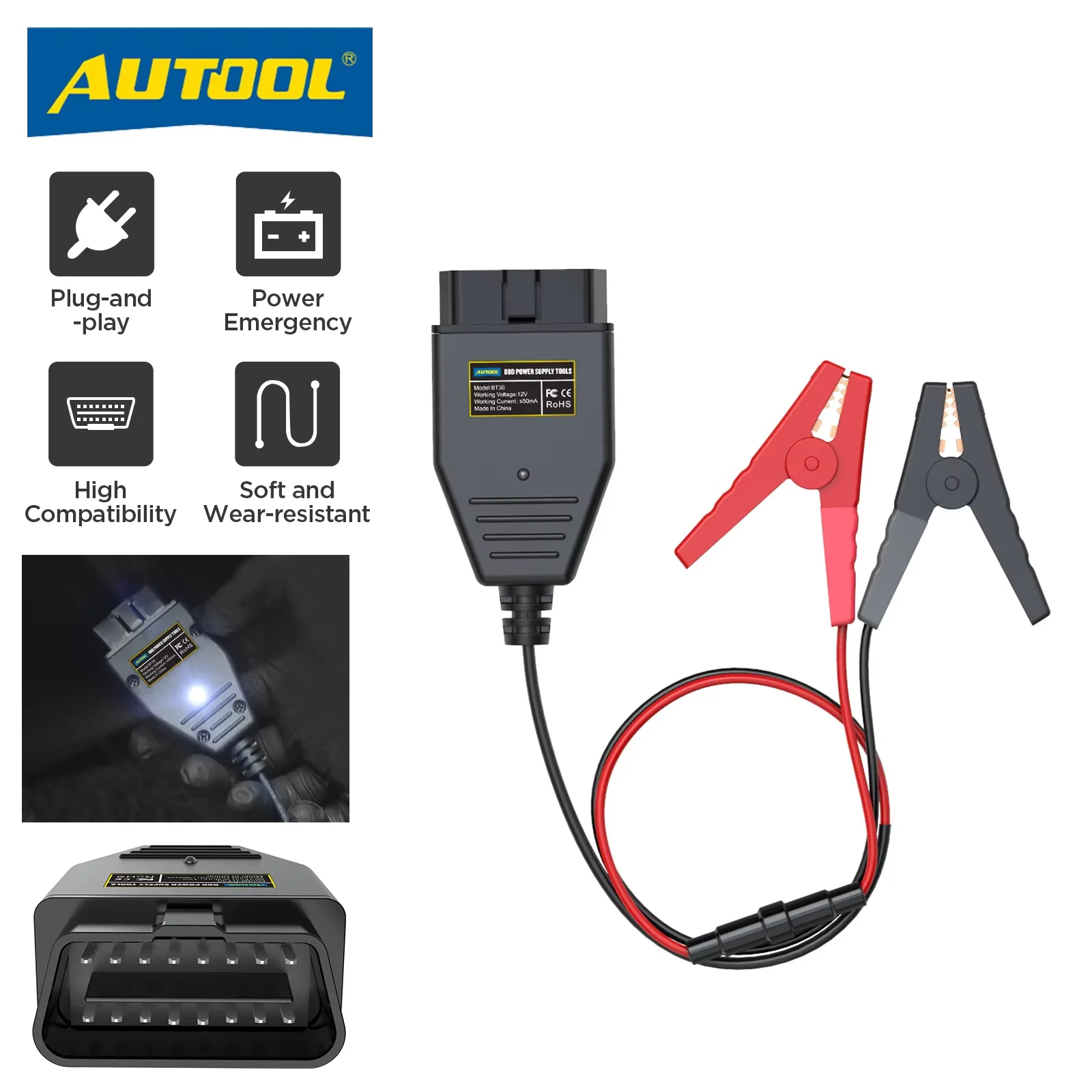 Pinza de Alimentación de Emergencia AUTOOL BT30 para ECU con Puerto OBD2 para Memoria de ECU, Cambio Rápido de Batería y Uso Seguro