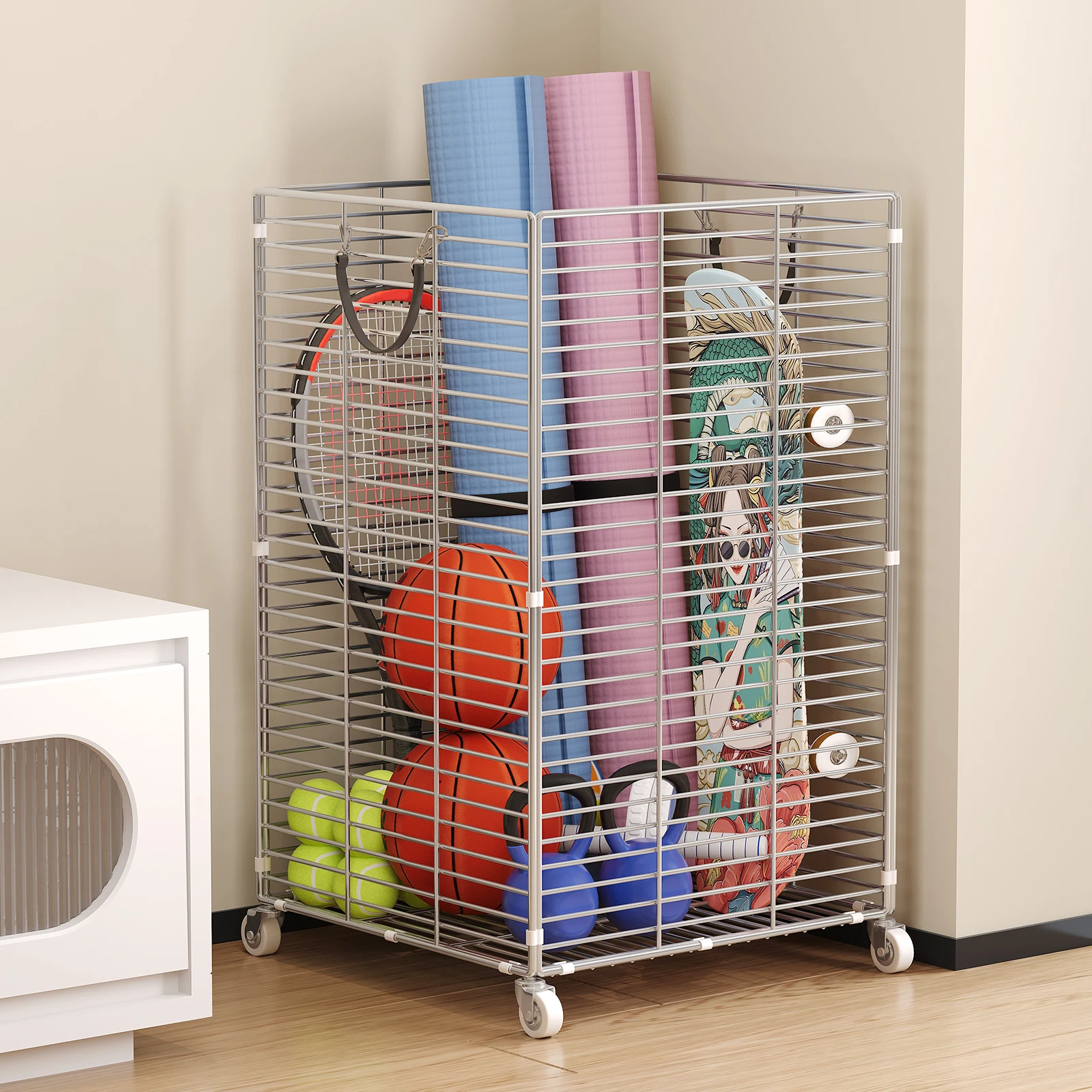 1Pc Movable Large Capacity Stainless Steel Yoga Mat Storage Rack Sports Equipment Storage Basket with Wheels Home Basketball Dumbbell Badminton Racket Fitness Equipment Organizer Box Home Gym Sports Accessories Storage Basket Rolling Sports Equipment Storage Bin