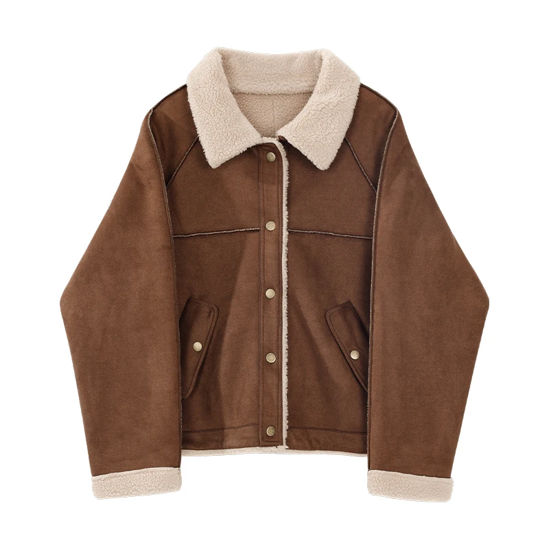 เสื้อแจ็คเก็ตสั้นผู้หญิง ALXNAN สีน้ำตาลอ่อน แต่งผ้าแบบ Patchwork ปกเสื้อแบบปกเชิ้ต ผ้าขนแกะทรงตรง เสื้อโค้ทฤดูใบไม้ร่วง ฤดูหนาว สไตล์วินเทจ รุ่น VL330203