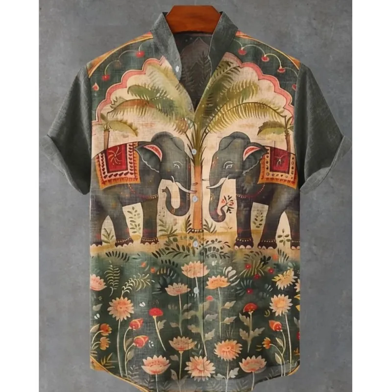 

New Retro Men's Ethnic Elephant Pattern Print Lapel Shirt, Fashion Casual Short Sleeve Linen Neuheiten in Oberteile Und T-shirts