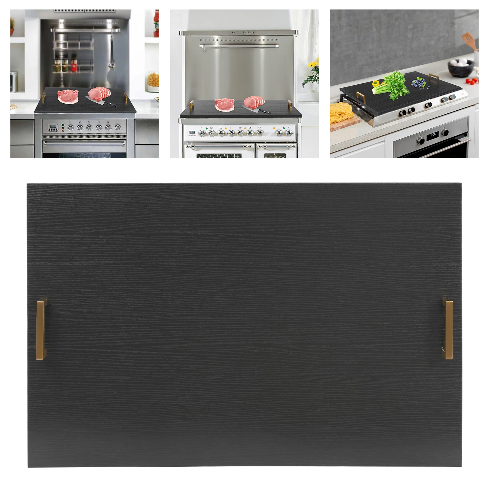 Black Gold Handle Acacia Wood Cooktop Board Multi Function Stove Top Cover For Cutting Board Breakfast Bar Kitchen Counter Space Saver