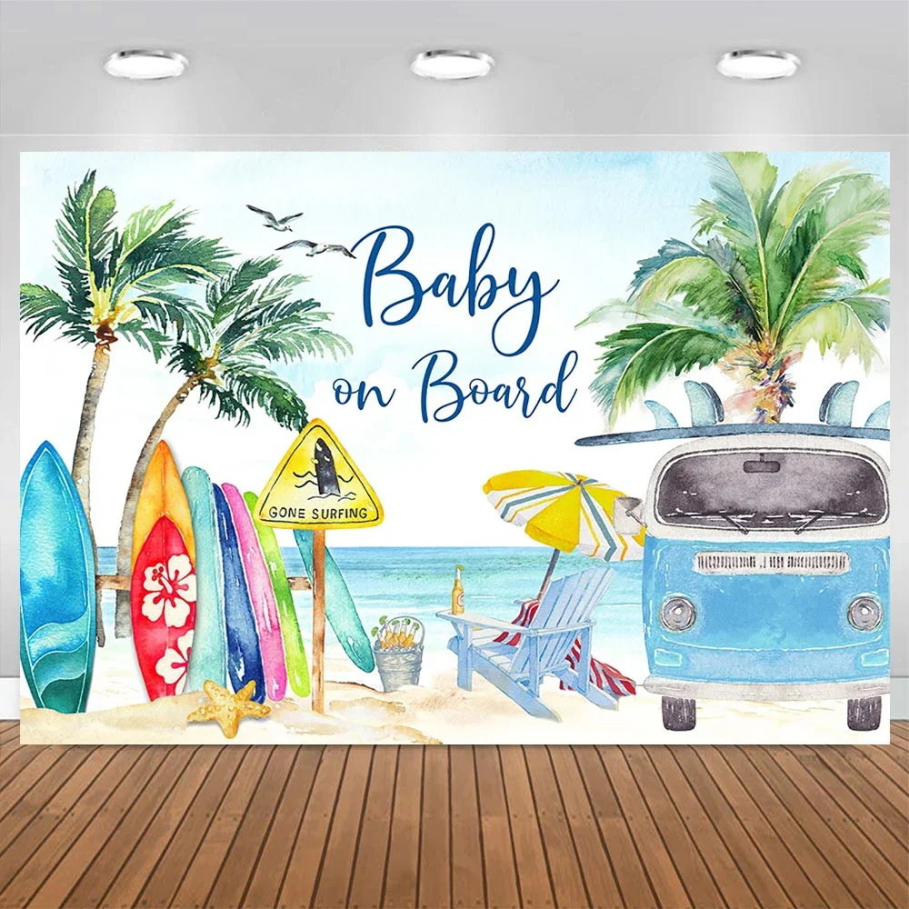 Mocsicka Summer Birthday Background Boy Baby on Board Backdrop Surfboard Bus Blue Sky Plam Tree Newborn Portrait Photo Banner