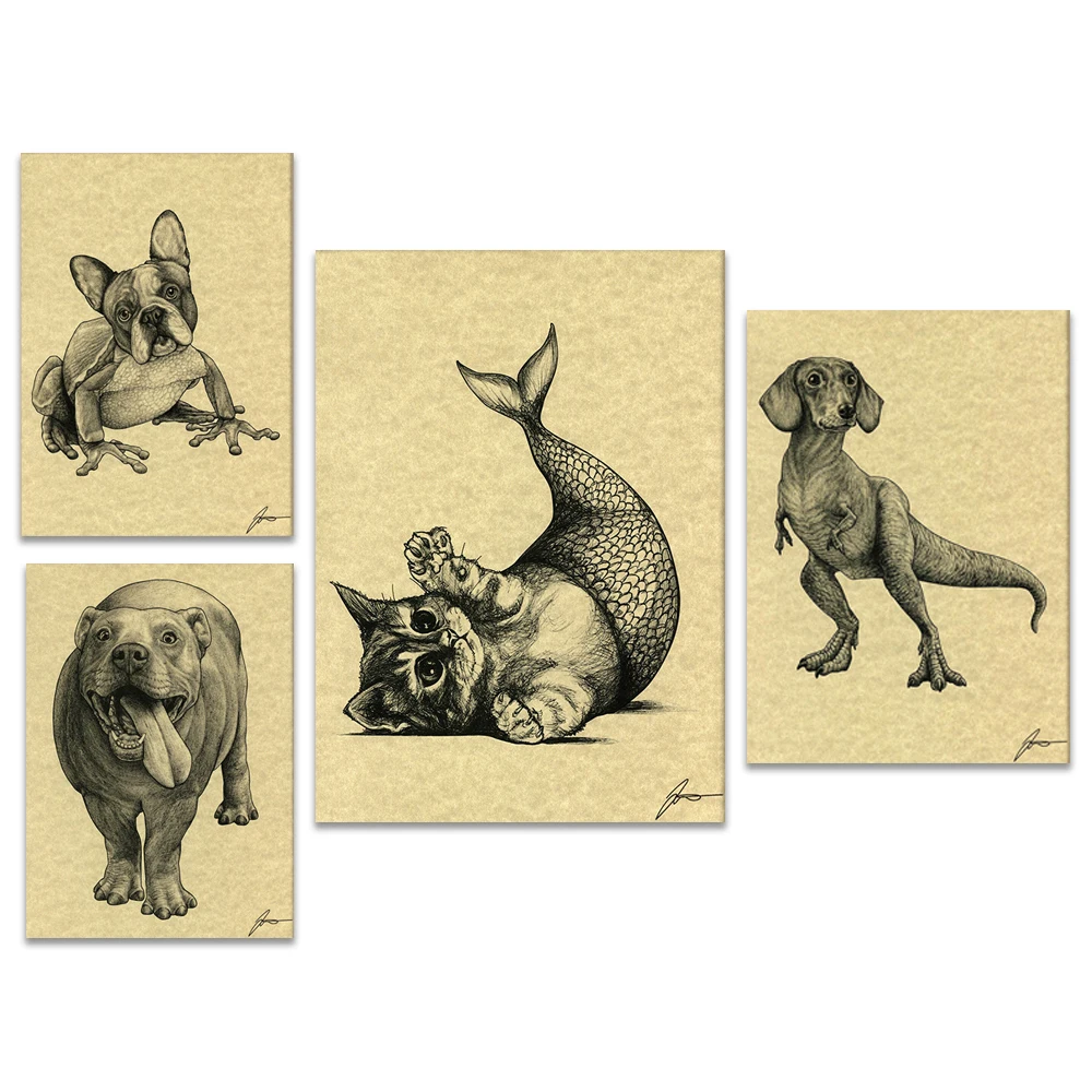 

French Bulldog + Frog Hybrid Animals, Mermaid + Cat Hybrid, Bulldog + Hippo, Dachshund + TRex Hybrid Animal Art Poster Printing