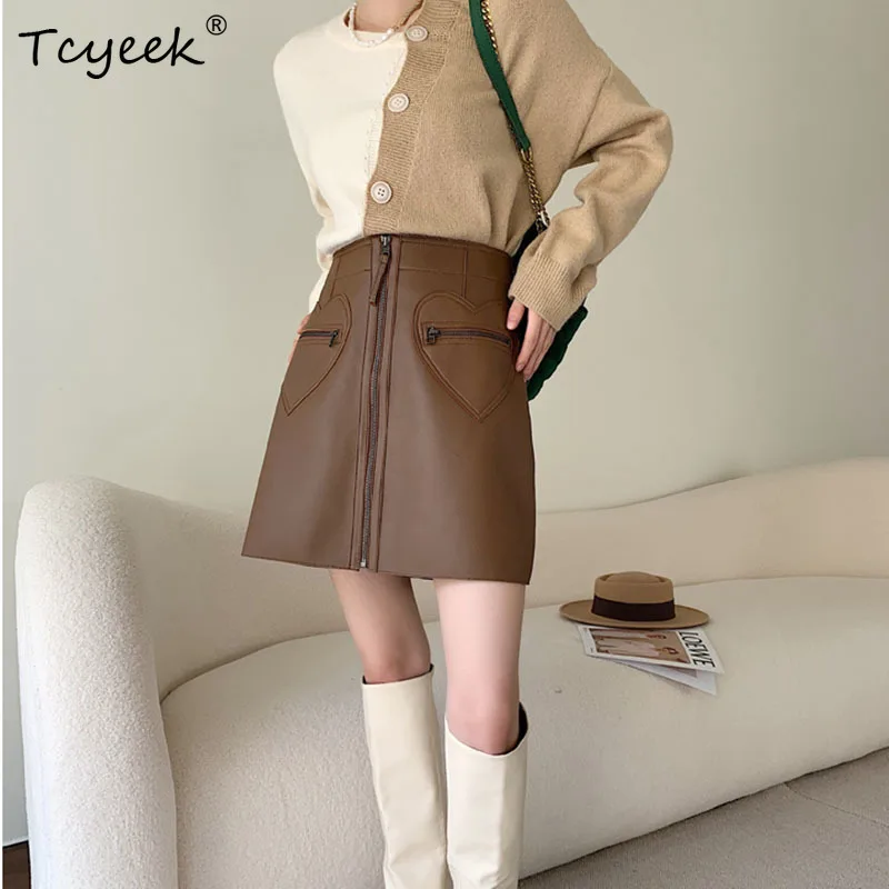 

A-line Sheepskin Skirt Women's 2023 Spring Fashion Short Solid Casual Heart Decoration Zipper Genuine Leather Mini Skirt Y2K