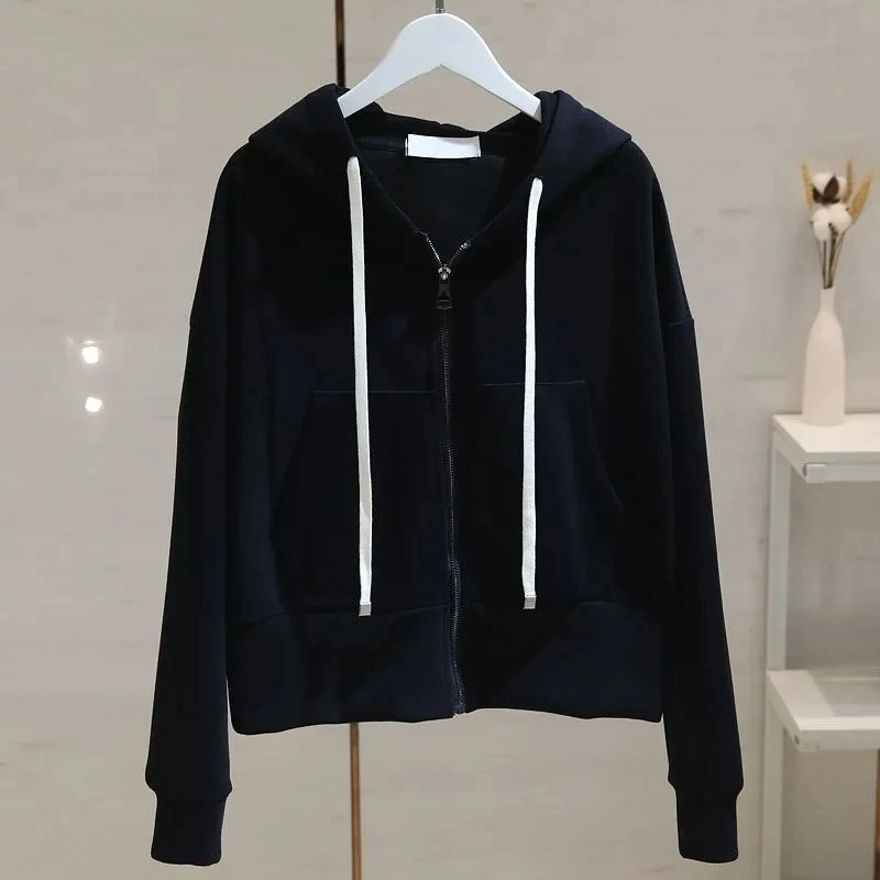 2024 Female Solid Hooded Sweatshirt Coat Spring Autumn Women Long Sleeved Zipper Ladies Short Cardigan Hoodies Outwear