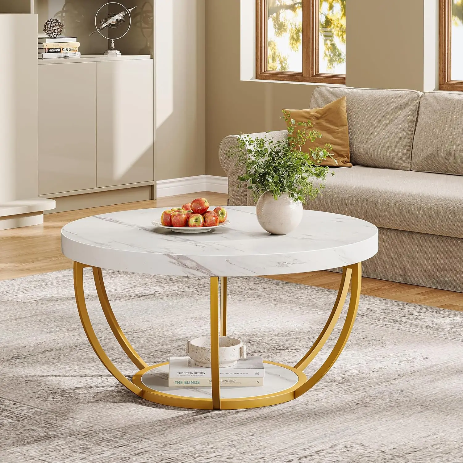 32" Circle Marble Coffee Tables, 2-Tier Golden Metal Legs Accent Center Table with Open Storage Modern Design Home Furniture image 4