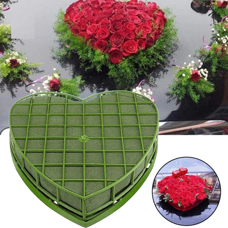 Wedding Car Heart Shape Flower Foam Cage Box with Suction Cup Green Styrofoam Wet Floral Block Arrangements Mud