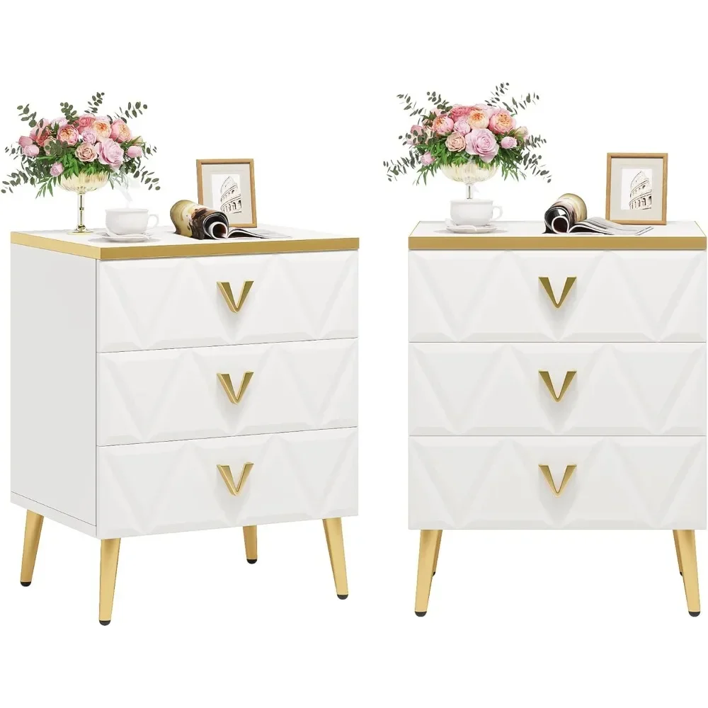 3-drawer bedside table, luxury bedside table with storage drawer and gold legs, bedroom bedside table, gold and white, 2 pieces