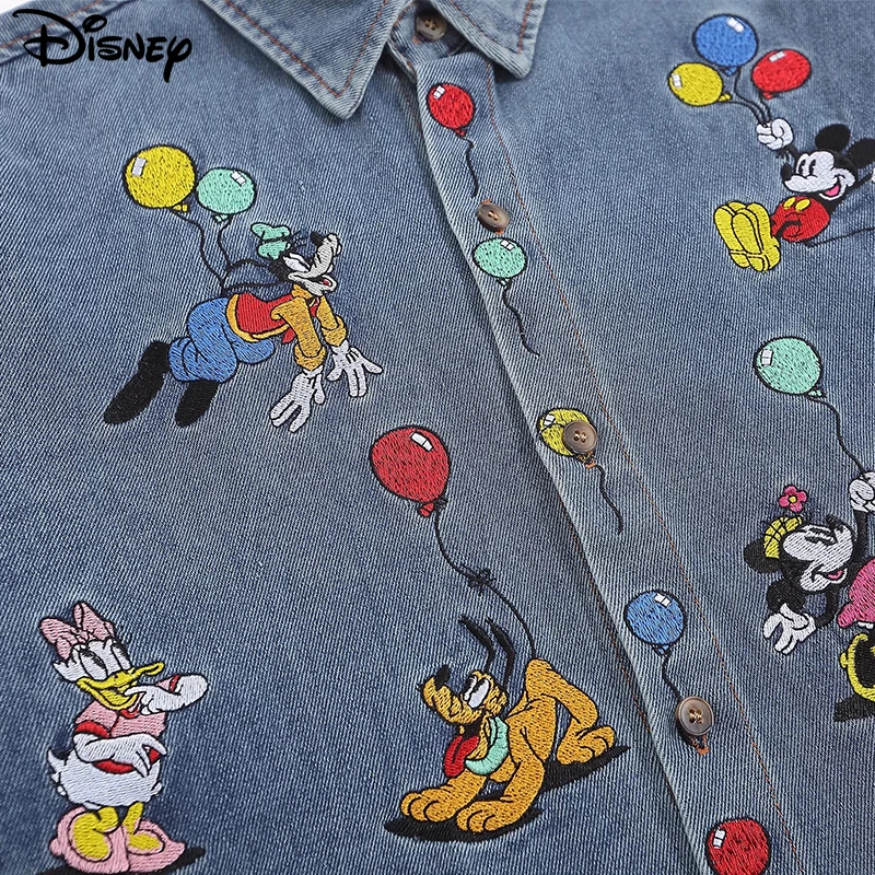 Disney 2023 New Arrival Top Fashion Cotton Embroidery Mickey Mouse Loose Ins Cartoon Large Size Casual Cowboy Shirts