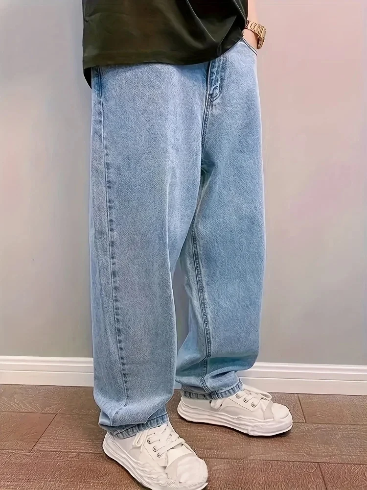 Y2k Oversizeแฟชั่นกางเกงยีนส์บุรุษหลวมตรงStreetwear Hip Hopกางเกงยีนส์ล้างอินเทรนด์กางเกงขากว้างLight Blue