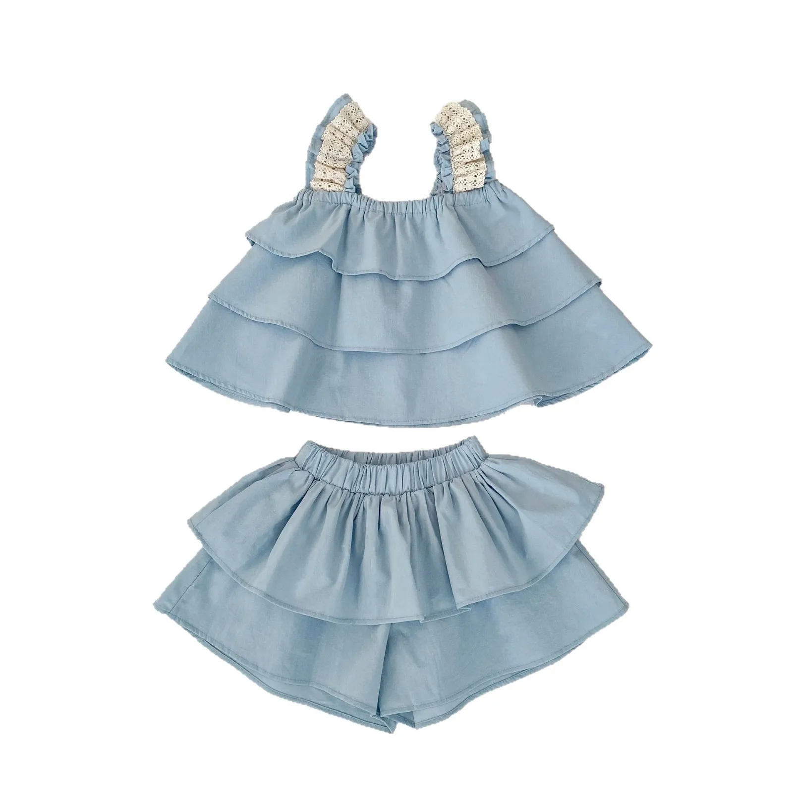 Completo estivo per bambina blu, abbigliamento per neonati, abbigliamento casual a strati per bambini, canotta e pantaloni con fionda, set da due pezzi