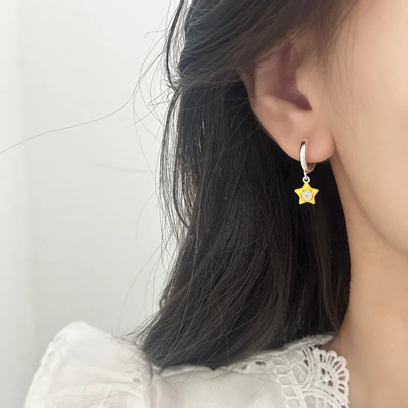 PONYKISS 티베트어 실버 지르콘 에나멜 하트 스퀘어 스타 워터 드롭 후프 귀걸이 여성을위한 유행 패션 쥬얼리 액세서리
