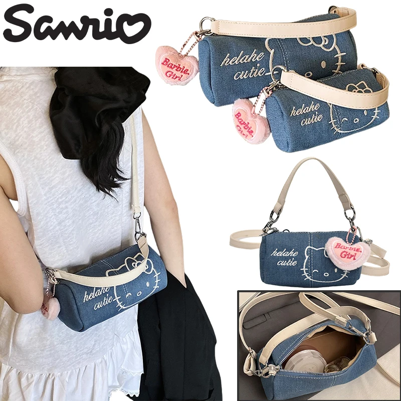 

Sanrio Hello Kitty Cartoon Denim Crossbody Bag Anime Fashion Women Travel Phone Bag Trend Embroidery Messenger Bag Girls Gifts