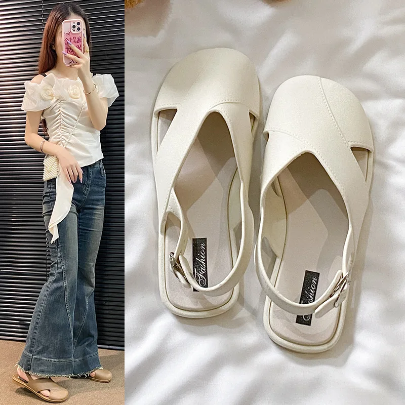 

Women Closed Toe Roman Sandals Summer French Style Elegant Slip On Flat Sandals Casual Outdoor Beach Shoes Ladies Comfort Slides