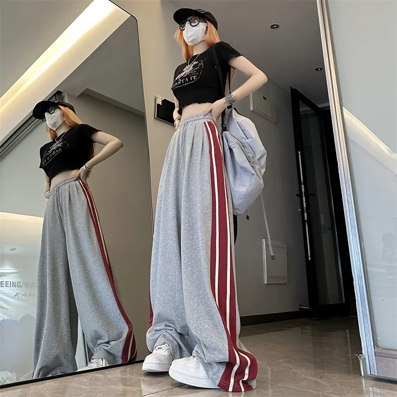 

Women's Casual American Retro Loose fitting Sports High Waist Street Dance Drop Straight Tube Vertical Splice Wide Leg Pants