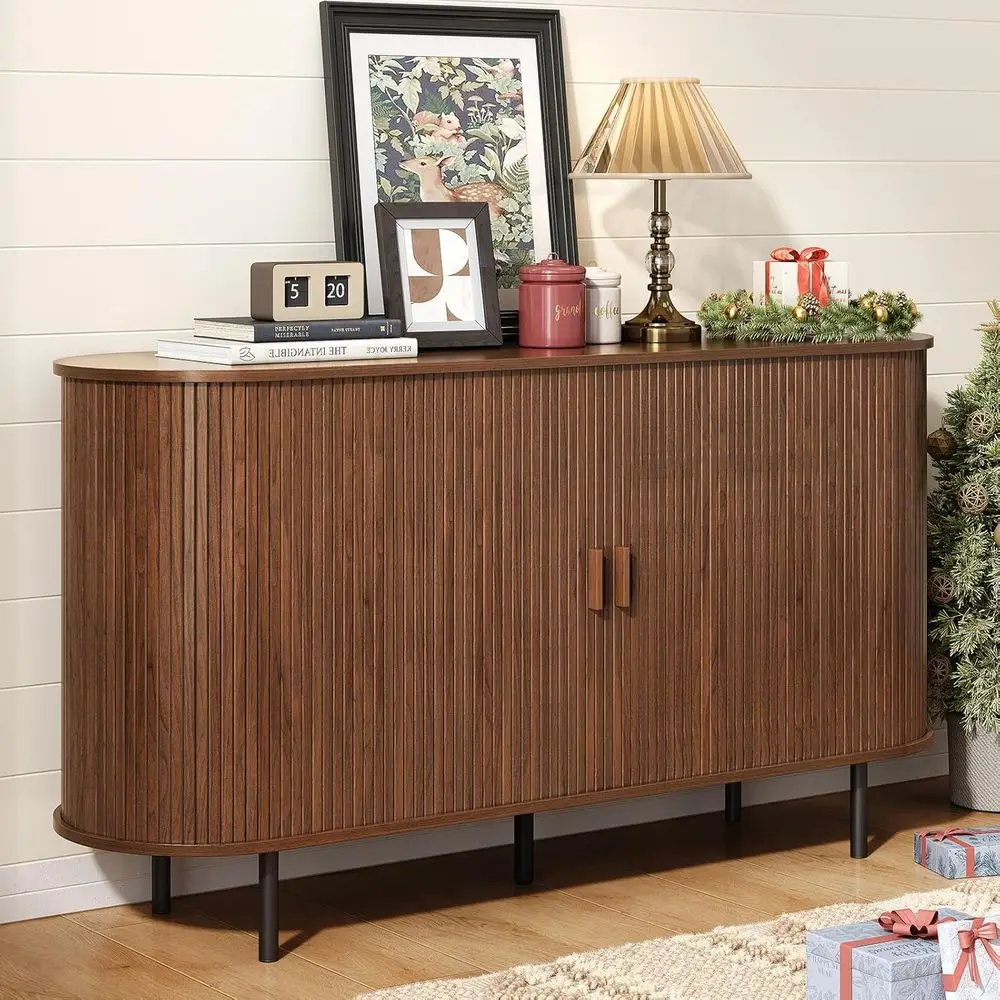 

55 Walnut Sideboard with Sliding Door, Adjustable Shelves, Storage & Accent Coffee Bar for Kitchen or Entryway