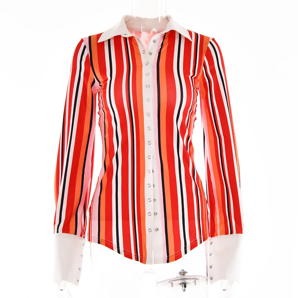 Nova camisa de gola virada para baixo de peito único 2022 outono venda quente moda casual cor-bloco blusa feminina