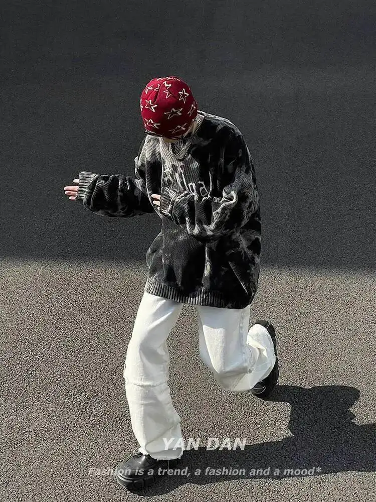 Gothic Punk Men's Knitting Sweater Retro Tie Dye Gradient Knit Sweater Black Street Style Hip Hop Fashionable Pullover Outerwear