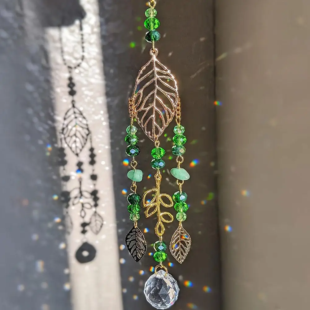 Tree Of Life Leaf Crystal Suncatcher Hanging Ornament,Green Bead Hollow Leaf Prism Pendant Window Home Garden Decor Hanging Gift