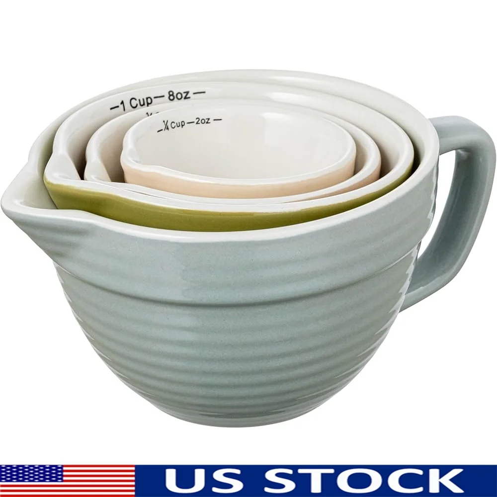 

Stoneware Batter Bowl Set Measuring Cups Food Safe Dishwasher Safe 4 Sizes Multicolor Kitchen Cooking Baking Tools