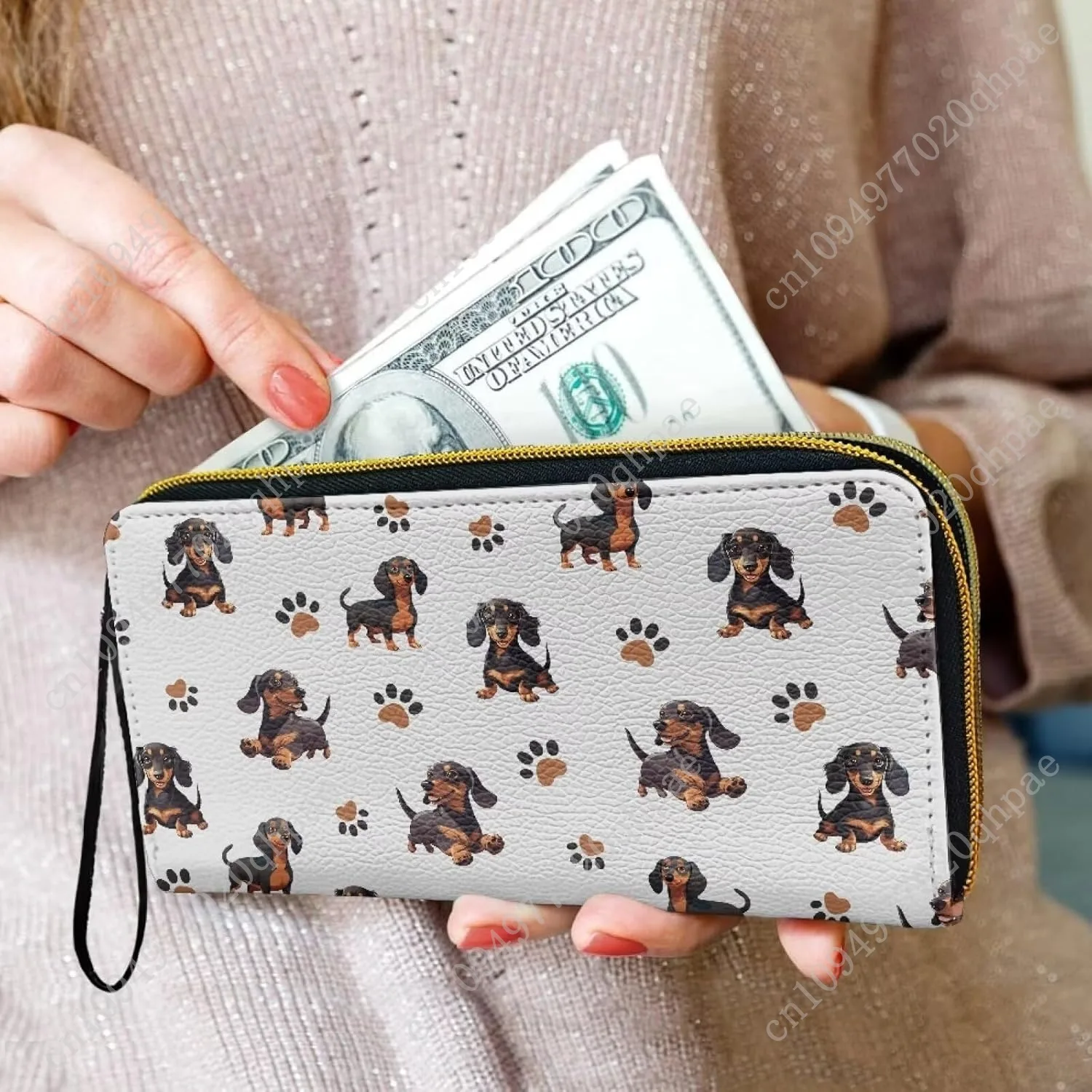 Cute Dachshund Dogs Zip Around Wallet for Women Cartoon Puppy Printed Long Purse Credit Card Holder Bifold, Paws Grey Travel Pho