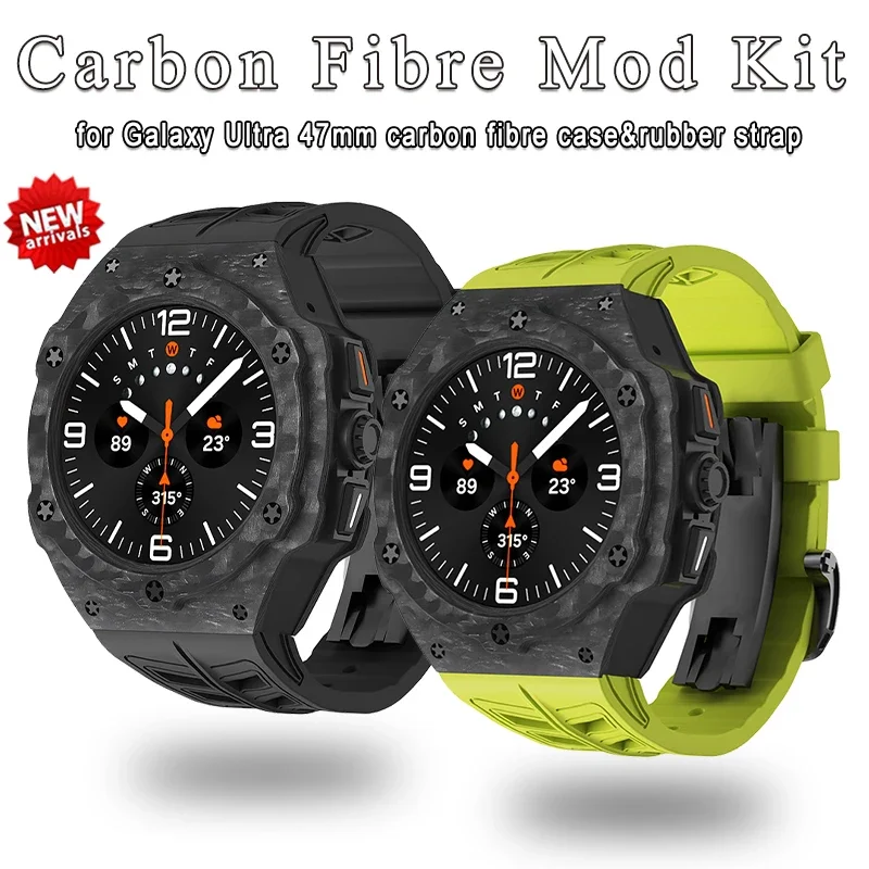 Luxury Modification Kit for Samsung Galaxy Watch 7 Ultra 47mm Carbon Fiber Case Fluororubber Strap Mod Kit for Galaxy Ultra 47mm