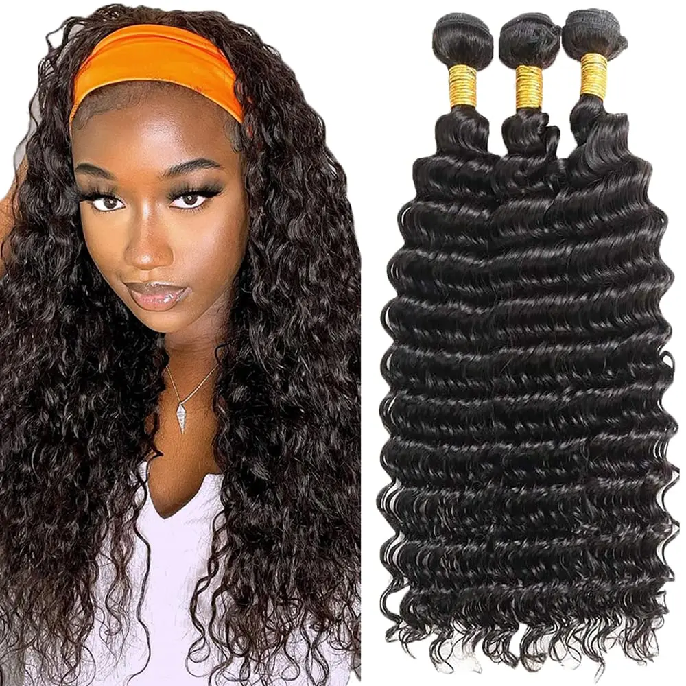 Bundles Deep Wave pour femmes, cheveux humains brésiliens Remy, support et faisceaux ondulés, double trame, extensions de cheveux, 2 pièces, 3/4 pièces